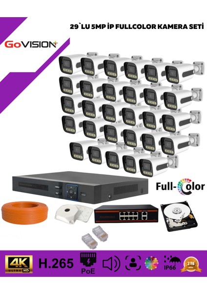 Go Vision 29'li Güvenlik Ip Kamera Seti - 5mp Dış Mekan Kamera, 3.6mm Lens, H.265, Poe, Warm LED Gece Görüşlü