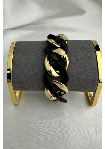 Kalın Zincir Model Altın-Siyah Renk Bileklik (18CM)