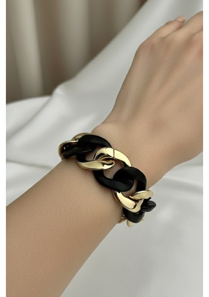 Kalın Zincir Model Altın-Siyah Renk Bileklik (18CM) fiyatları