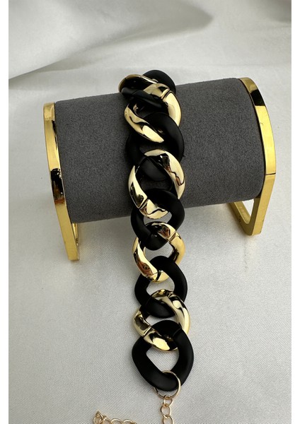Kalın Zincir Model Altın-Siyah Renk Bileklik (18CM) fırsatları
