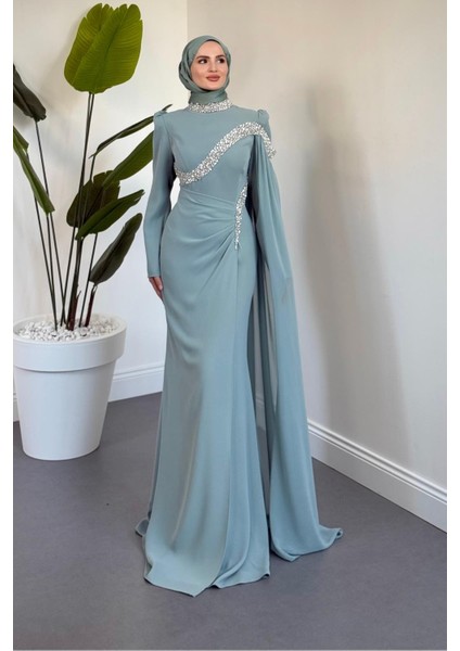 Feriha Yandan Pelerinli Taşlı Özel Tasarım Abiye Mint