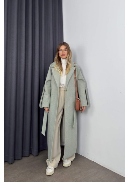 Mint Beyaz Balıksırtı Model Kuşaklı Astarlı Oversize Yün Kaban fiyatları