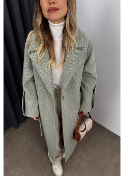 Mint Beyaz Balıksırtı Model Kuşaklı Astarlı Oversize Yün Kaban modelleri