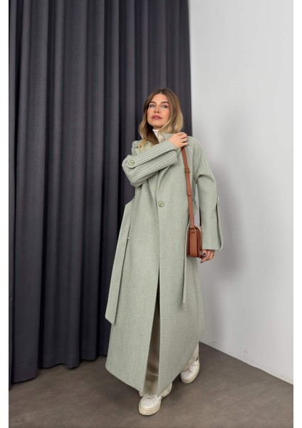 Mint Beyaz Balıksırtı Model Kuşaklı Astarlı Oversize Yün Kaban indirimleri