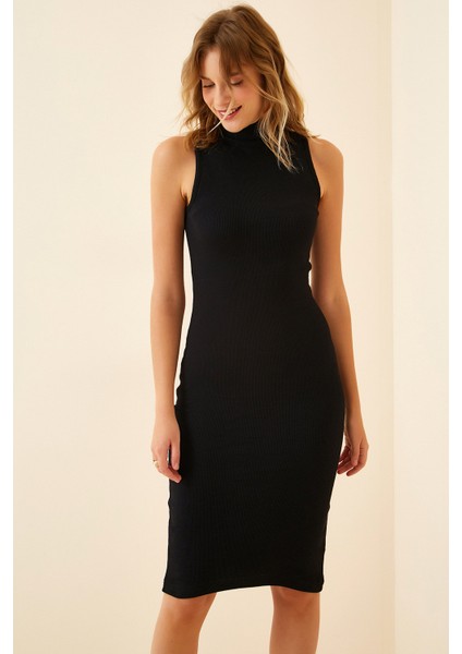 Dik Yaka Fitilli Likralı Örme Elbise LGT0018 Siyah fiyatları