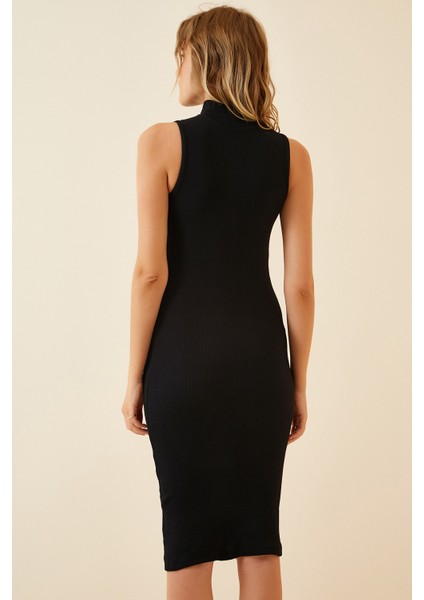 Dik Yaka Fitilli Likralı Örme Elbise LGT0018 Siyah modelleri