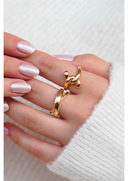 Gold Renk Düğüm ve Zincir Formlu 2'li Kadın Yüzük Seti