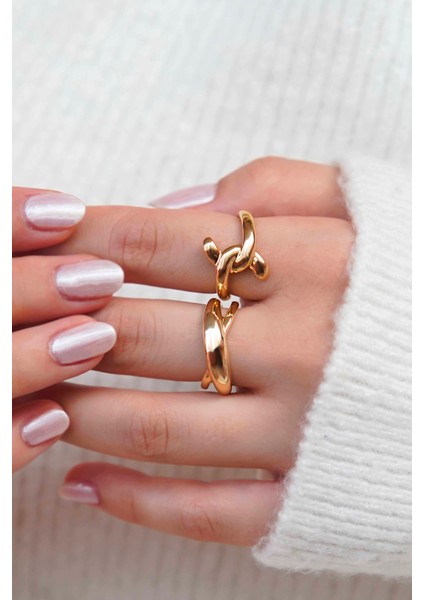 Gold Renk Düğüm ve Zincir Formlu 2'li Kadın Yüzük Seti modelleri