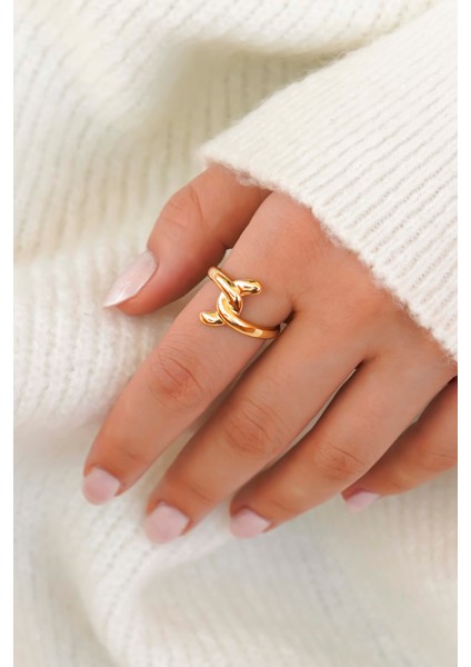 Gold Renk Düğüm ve Zincir Formlu 2'li Kadın Yüzük Seti