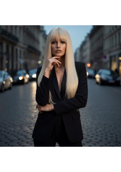 Düz Perçemli Uzun Fiber Sentetik Peruk - Platin