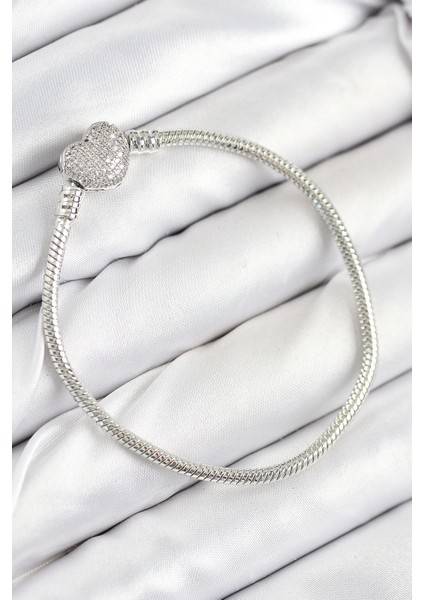 Bfs Pirinç Charm Zirkon Taşlı Kalp Model Gümüş Renk Kadın Bileklik