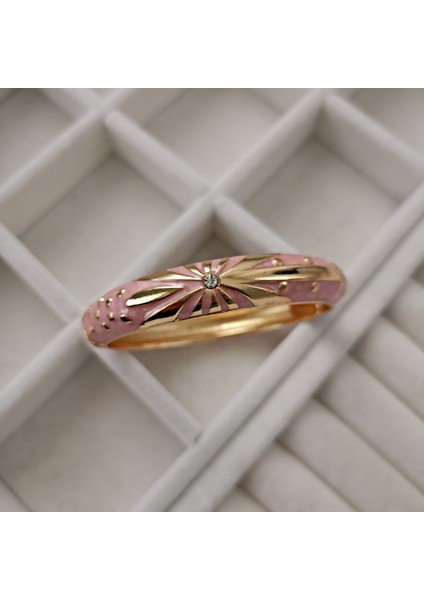 Gold Kaplama Mineli Papatya Desenli Kelepçe, Vintage Tek Taşlı Pembe Kadın Bileklik fiyatları