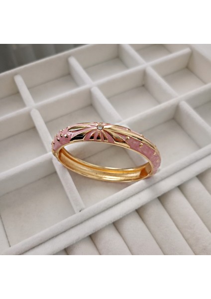 Gold Kaplama Mineli Papatya Desenli Kelepçe, Vintage Tek Taşlı Pembe Kadın Bileklik modelleri