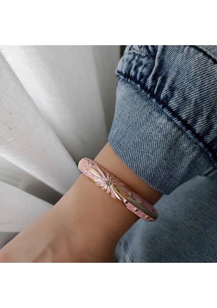 Gold Kaplama Mineli Papatya Desenli Kelepçe, Vintage Tek Taşlı Pembe Kadın Bileklik