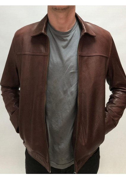 Taba Hakiki Deri Gömlek Yaka Erkek Ceket – %100 Gerçek Deri, El Işçiliği, Fermuarlı Regular Fit | Kişiye Özel Ölçüm Imkanı