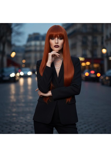 Düz Perçemli Uzun Fiber Sentetik Peruk - Bakır