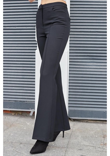 Kadın Yüksek Bel Cepli Ispanyol Paça Önü Dikişli Hafif Likralı Kumaş Pantolon(Ceket Kodu Jument 30080)-SIYAH
