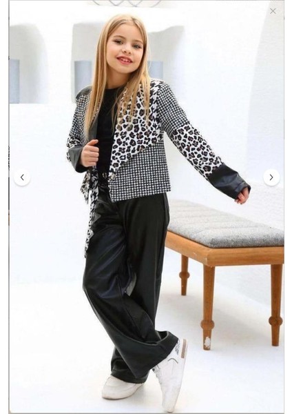 Kız Çocuk Üzeri Leopar ve Kazayağı Deri Detaylı Ceket Bol Kesim Pantolon Siyah Alt Üst Takım