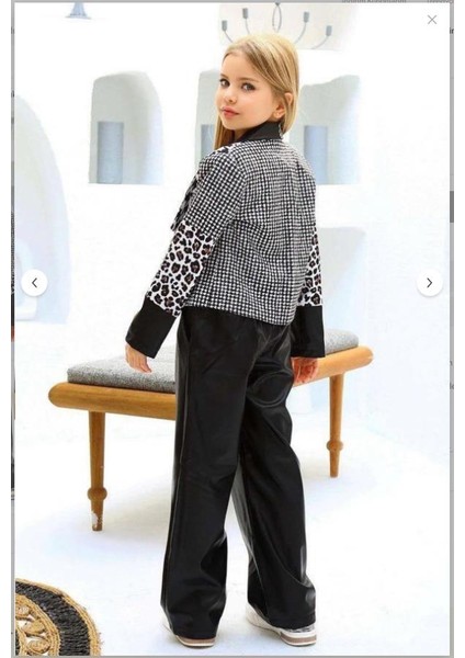 Kız Çocuk Üzeri Leopar ve Kazayağı Deri Detaylı Ceket Bol Kesim Pantolon Siyah Alt Üst Takım fiyatları