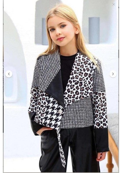 Kız Çocuk Üzeri Leopar ve Kazayağı Deri Detaylı Ceket Bol Kesim Pantolon Siyah Alt Üst Takım modelleri