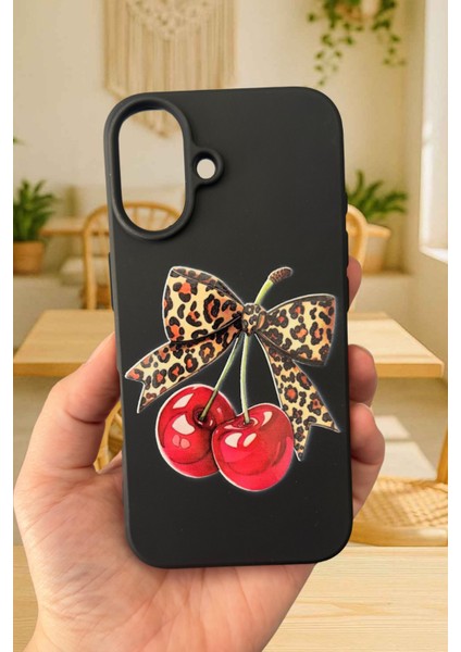 iPhone 16 Plus Uyumlu Kiraz Leopar Fiyonk Desenli Silikon Darbe Emici Rubber Kılıf fiyatları