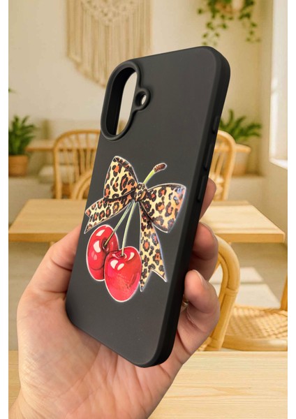 iPhone 16 Plus Uyumlu Kiraz Leopar Fiyonk Desenli Silikon Darbe Emici Rubber Kılıf fırsatları