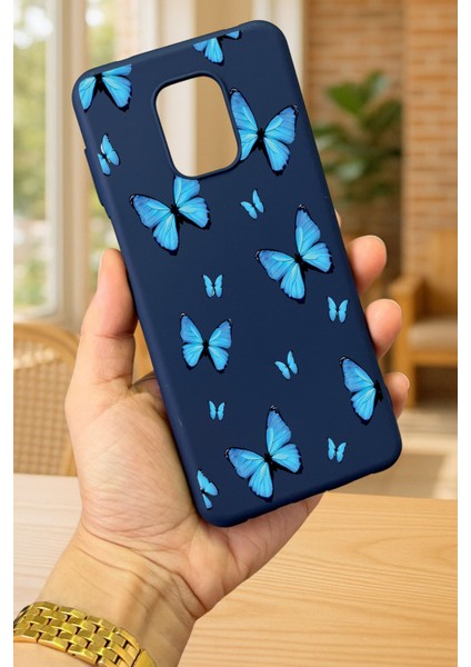 Redmi Note 9 Pro/9s Uyumlu Mavi Kelebek Desenli Silikon Darbe Emici Klasik Korumalı Rubber Kılıf