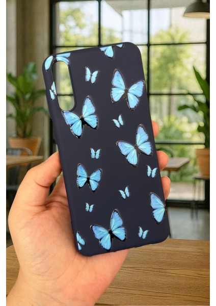 Samsung Galaxy A50 Uyumlu Mavi Kelebek Desenli Silikon Darbe Emici Klasik Korumalı Rubber Kılıf