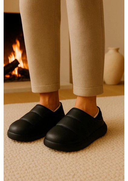 Peluş Içi Yünlü Kışlık Panduf Siyah Erkek Ev Terliği