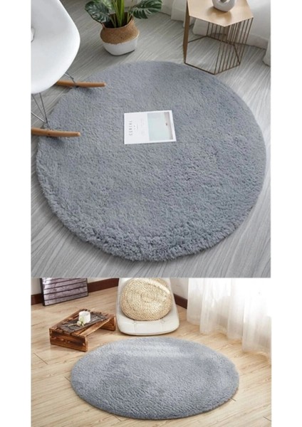 Açık Gri Yuvarlak Kaymaz Taban Halı Yıkanabilir Dekoratif Peluş Halı