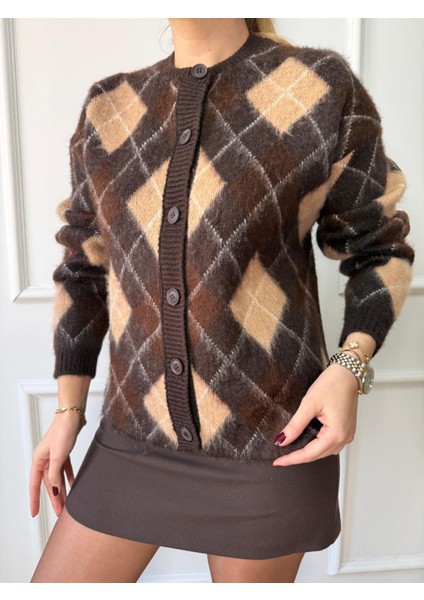 Kahve Baklava Desenli Bisiklet Yaka Hırka