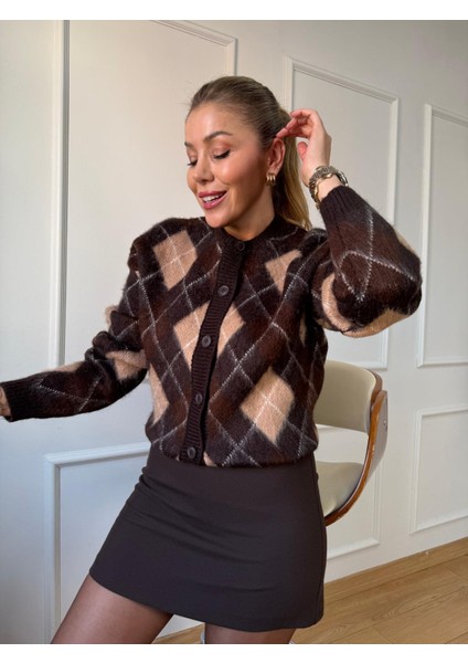 Kahve Baklava Desenli Bisiklet Yaka Hırka