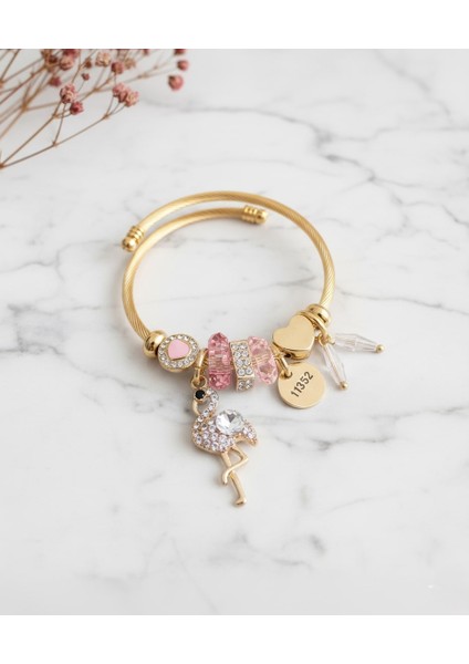 Çelik Flamingo Zirkon Taşlı Pembe Charmlı Bileklik Pndr-Blk-Dk-P fiyatları
