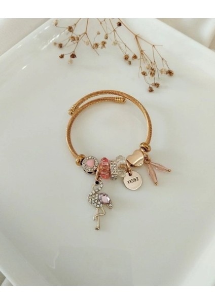 Çelik Flamingo Zirkon Taşlı Pembe Charmlı Bileklik Pndr-Blk-Dk-P modelleri
