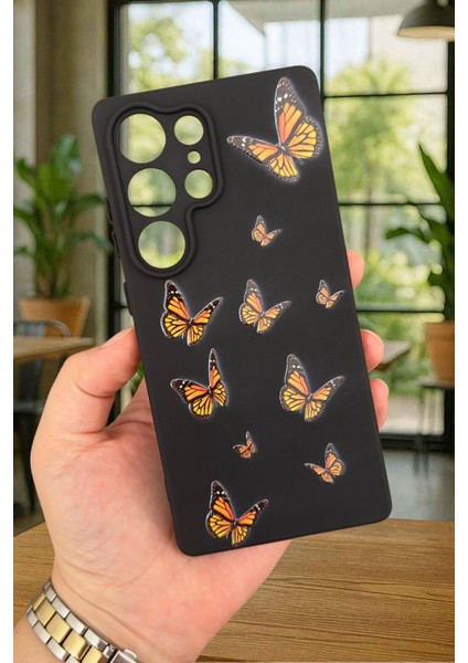 Samsung Galaxy S25 Ultra-Turuncu Kelebek Desenli Silikon Darbe Emici Klasik Korumalı Rubber Kılıf