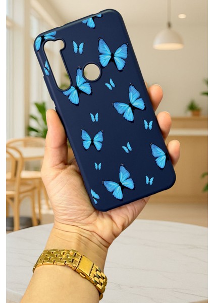 Xiaomi Redmi Note 8 Mavi Kelebek Desenli Silikon Darbe Emici Klasik Korumalı Rubber Kılıf
