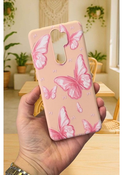 Xiaomi Redmi Note 8 Pro- Pembe Kelebek Desenli Silikon Darbe Emici Klasik Korumalı Rubber Kılıf