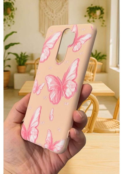 Xiaomi Redmi Note 8 Pro- Pembe Kelebek Desenli Silikon Darbe Emici Klasik Korumalı Rubber Kılıf modelleri
