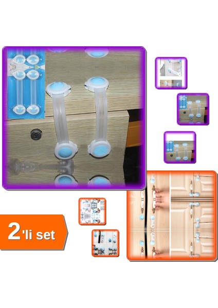 Çocuk Güvenlik Kilidi 2li + Dolap - Çekmece Vidasız Yapışkanlı 2 Adet - Güvenlik Seti K2M4P8
