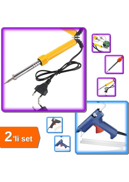 Sıcak Silikon Tabancası - 6 Silikon Çubuğu + Lehim Havya 60W Set - Hobi + Tamir Aletleri M2V6P3