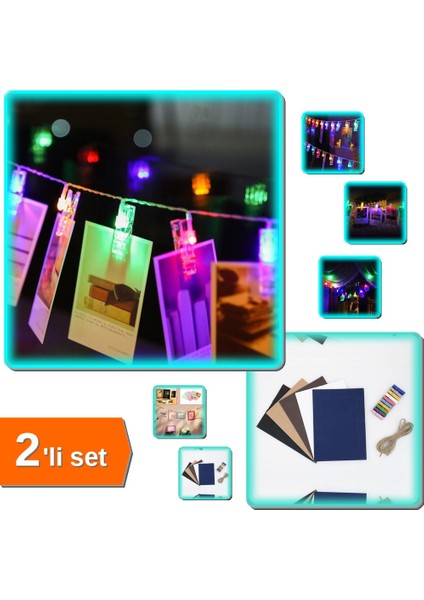 Işıklı Mandallı Albüm + Ipli Fotoğraf Çerçeveli 2 Ürün Seti Renkli P9Q2K3