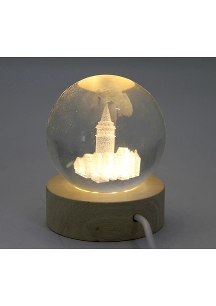 Buğz 3D Kristal Cam Küre Ahşap Soketli Istanbul Temalı LED Lamba AALK2575