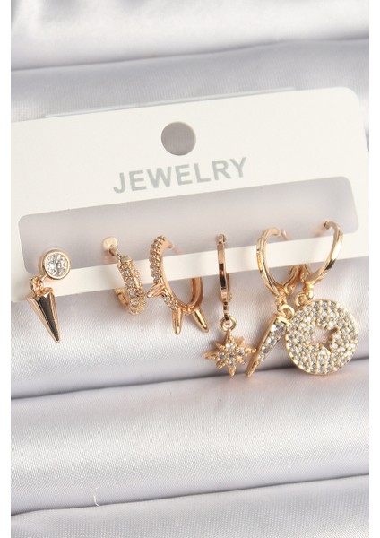 Pirinç Gold Renk Zirkon Taşlı Çoklu Figür Kadın Küpe Seti - Lisinya