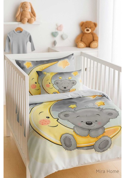 Yenidoğan Kız / Erkek Unisex Bebek Nevresim Takımı &AMP;#37;100 Pamuklu Aydaki Ayıcık