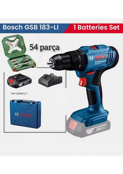 Gsb 183 Li 2 Ah Tek Bataryalı Darbeli Akülü Vidalama ve Bosch 54 Parça Uç Seti