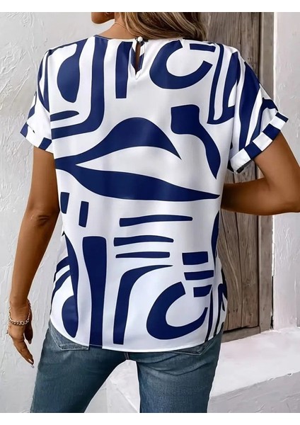 Kadın Kısa Kollu Yuvarlak Yaka Desenli Süprem Bluz modelleri