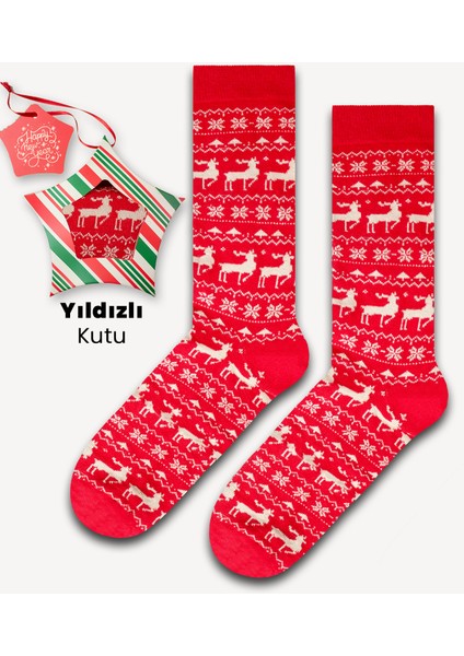Noel Kırmızı Geyik Yıldızlı Kutu Renkli Çorap