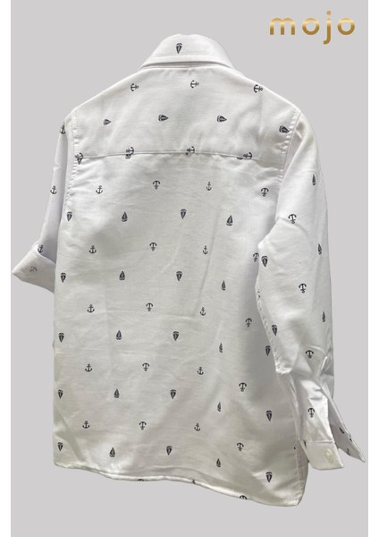 Erkek Bebek 1-5 Yaş Desenli Katlamalı Kol Gömlek 4015 Beyaz