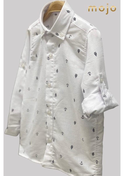 Erkek Bebek 1-5 Yaş Desenli Katlamalı Kol Gömlek 4015 Beyaz