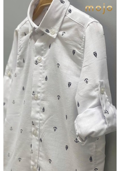 Erkek Bebek 1-5 Yaş Desenli Katlamalı Kol Gömlek 4015 Beyaz